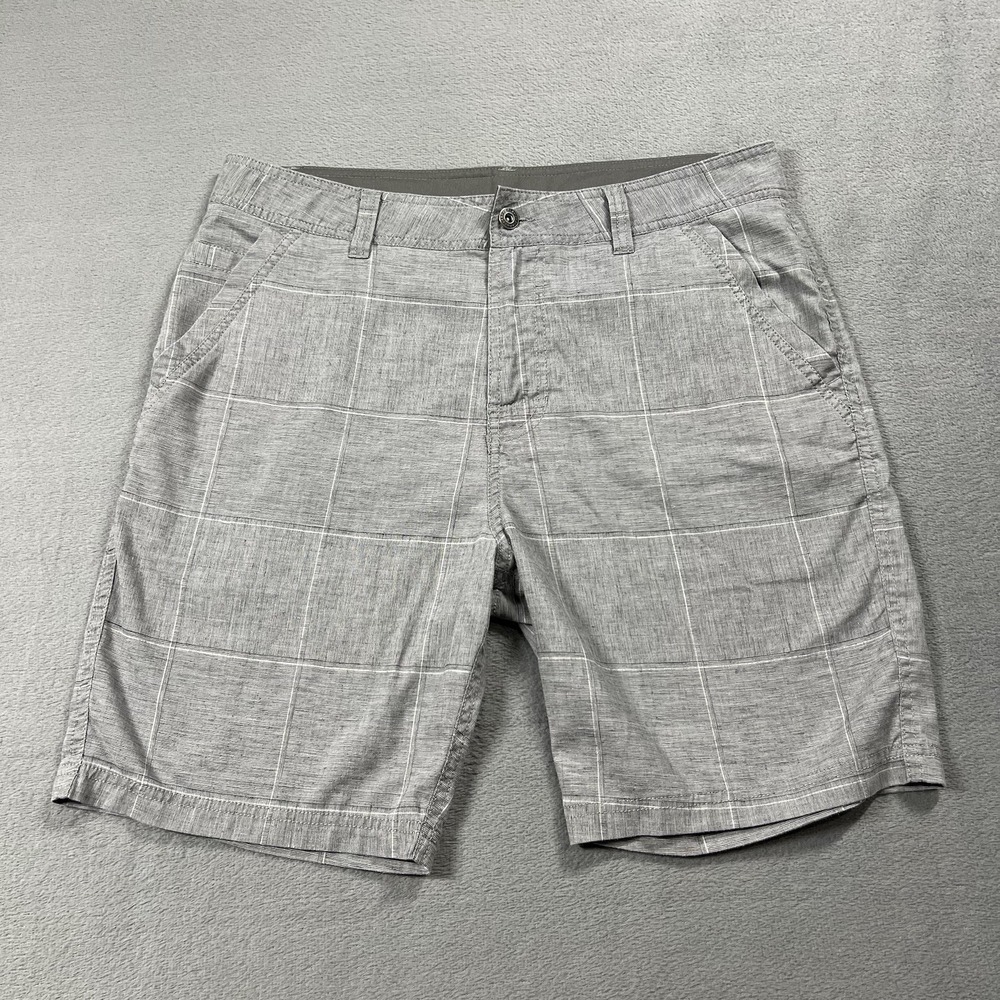Prana Shorts Mens 34 Gray Furrow Plaid 8" Hiking Outdoor Travel Hemp